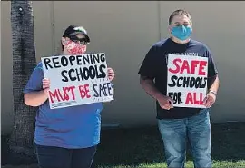  ?? Kimberly Claytor Newport-Mesa Federation of Teachers ?? UNION members rally at Costa Mesa High School to voice discontent over Newport-Mesa Unified’s plans to welcome back younger students to school next week.