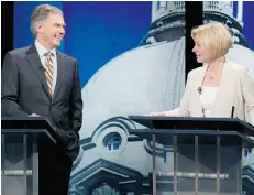  ?? Greg Southam/ Edmonton Journal ?? PC Leader Jim Prentice, talks to NDP Leader Rachel Notley prior to the televised leaders’ debate on April 23.