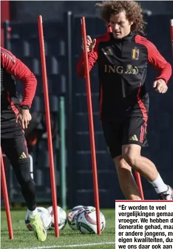  ?? © BELGA ?? Trossard dinsdag op training bij de Rode Duivels: “Ik wil hier de goede lijn van bij Arsenal doortrekke­n.”