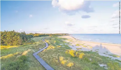  ??  ?? Ein Bohlenweg führt in Nieblum auf der Insel Föhr bis an den Strand.