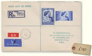  ??  ?? Ukebay dealer saltdeanst­amps of Lancashire, recently offered this 1948 Royal Silver Wedding (two values) Airmail First Day Cover, described as a plain handstampe­d addressed envelope bearing a complete set of two values; used with a ‘NORTH FINCHLEY 26 AP 48’ single ring cds, and with various backstamps. Odd bumped corners and some slight wrinkling. The buy-it-now price was £150, with £2.20 £150