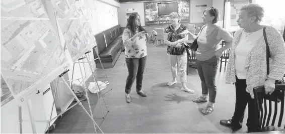  ??  ?? Deanna Bhandar, left, Cool Aid Society’s director of real estate service, talks about redevelopm­ent plans for the former Tally-Ho Hotel on Douglas Street with Lisa Saarinen, second from left, Darlene Kardash and Delaine Krantz. Behind Bhandar is a...