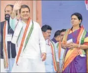  ?? PTI ?? Congress President Rahul Gandhi waves at the crowd during an election rally in Gadwal, Telangana, on Monday.