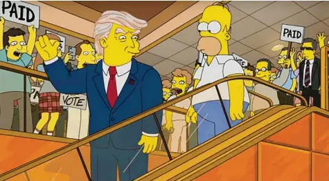  ?? Screenshot: Youtube ?? Aus dem Leben gegriffen ist diese ikonografi­sche Szene mit Donald Trump auf der Rolltreppe im Trump Tower – diesmal jedoch nicht mit Melania vor ihm, sondern Homer Simpson hinter ihm?