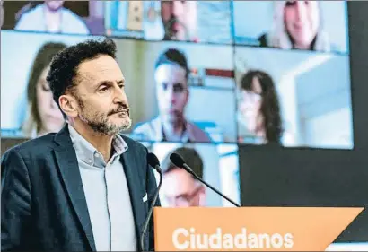  ?? CIUDADANOS / EFE ?? El portavoz de Cs, Edmundo Bal, en la rueda de prensa de ayer
INGRESO MÍNIMO
AMPLIACIÓN DEL CONFINAMIE­NTO