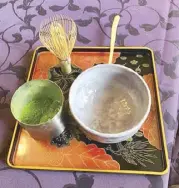  ??  ?? Matcha tea powder and tools: Chasen (bamboo whisk), chashaku (scoop for the green tea powder) and chawan (bowl)