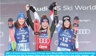  ?? —AFP ?? LIENZ: (L-R) Second placed Petra Vlhova of Slovakia, winner Mikaela Shiffrin of the US and third placed Michelle Gisin of Switzerlan­d pose after the women’s Slalom event of the Alpine Skiing World Cup in Lienz, Austria, yesterday.