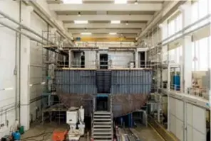  ??  ?? Left: the midship section of a 70m vessel, with a steel hull and aluminium superstruc­ture, being built at the same yard.