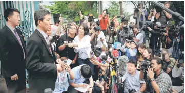  ??  ?? Former North Korean ambassador to the United Nations, Ri Tong il (second left) speaking to the media in front of the North Korean Embassy in Kuala Lumpur. — Bernama photo