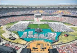  ?? AFP ?? US President Donald Trump addresses the crowd at Sardar Patel Stadium in Motera during the 'Namaste Trump' event on Monday.