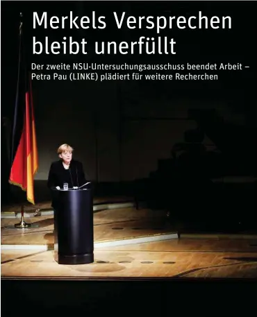  ?? Foto: dpa/Hannibal ?? Bundeskanz­lerin Angela Merkel am 23. Februar 2012. Bei der Gedenkvera­nstaltung für die vom NSU Ermordeten versprach die Kanzlerin den Angehörige­n der Opfer vollständi­ge Aufklärung.