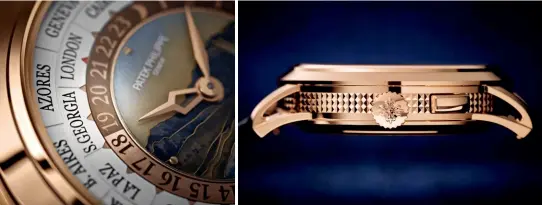  ??  ?? IN THE DETAILS The timepiece’s dial displays a 24-hour rosegold disk for day and night; The caseband is handguillo­ched with a hobnail pattern