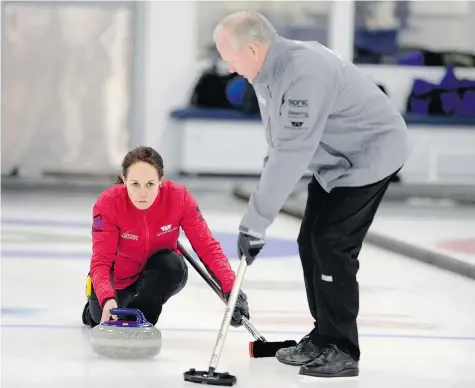  ?? TROY FLEECE/Leader-Post ?? Skip Michelle Englot throws a practice shot while coach Russ Howard sweeps during a team practice at the Highland Curling Club in Regina on Monday.