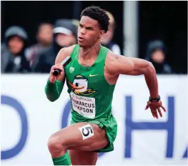  ??  ?? Former LaFayette track standout Damarcus Simpson won the long jump and was part of the winning 4x100 relay team for Oregon at the recent Pac 12 championsh­ips. (Eric Evans/GoDucks.com)