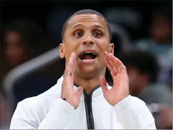  ?? NANCY LANE — BOSTON HERALD ?? (100222 Boston, MA): Boston Celtics interim head coach Joe Mazzulla shouts out to the team during the fourth quarter of the preseason game against the Charlotte Hornets at the TD Garden on Sunday,October 2, 2022 in Boston, MA.