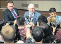  ?? AP PHOTO ?? Russian Ambassador to the United Nations Vassily Nebenzia speaks to reporters after Security Council consultati­ons on the situation in North Korea, Friday, at United Nations headquarte­rs.