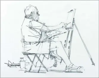  ??  ?? Engrossed in his painting, this artist retained the same position long enough to allow me to include a reasonable amount of detail after I had establishe­d the constructi­on lines of his posture and movement. Drawn with an HB pencil