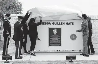  ?? Jerry Lara / Staff file photo ?? The Guillén family unveils a sign at an entrance to Fort Hood honoring Army Spc. Vanessa Guillén in April. Her death sparked legislatio­n to help stop sexual harassment and assault on military bases.