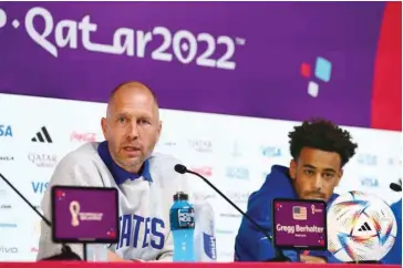  ?? ?? US football coach Gregg Berhalter and player Tyler Adams are seen during a press conference at the Main Media Center, Doha, yesterday.