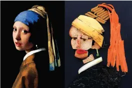  ??  ?? From left: Johannes Vermeer’s Girl with a Pearl Earring. Artist Claire Salvo’s (@clairesalv­o) rendition of the classic work using food items