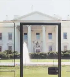  ??  ?? Michael Borek’s works are photos of photos of Washington, D.C. landmarks captured on the side of tour buses.