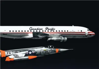  ??  ?? Le DC-8 de Canadian Pacific N9604Z vola à vitesse supersoniq­ue escorté par un F-104 “Starfighte­r”.