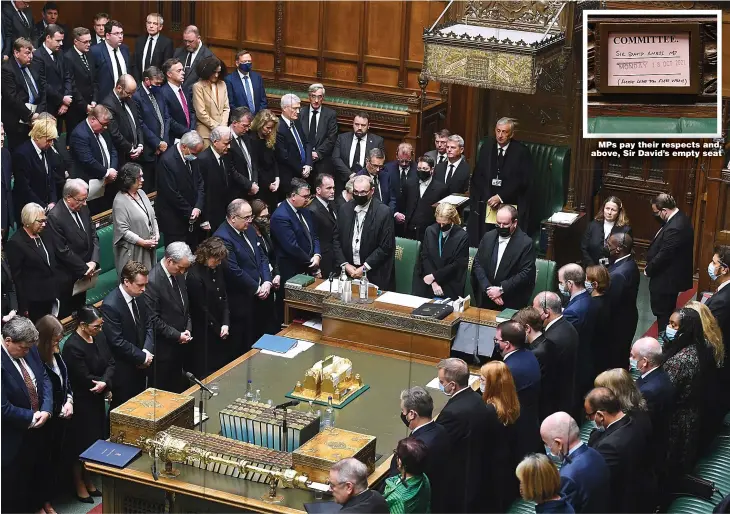  ?? Pictures: JESSICA TAYLOR / HOC ?? MPs pay their respects and, above, Sir David’s empty seat