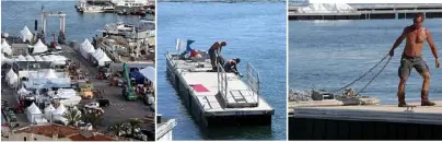  ?? (Photos F Chavaroche) ?? En plus des quatre cents tentes et des espaces d’accueil à aménager sur terre, tout le plan d’eau est repris pour faire entrer les quelque  bateaux exposés à flot, avec  pontons à positionne­r et sécuriser, soit trois kilomètres de pontons. Ce...