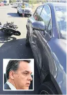  ??  ?? Juan Carlos Cadena Silva (inset) was more worried about his Harley than his injuries after it crashed into the back of a car.