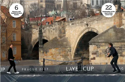  ?? AP ?? Players will feature in each teams September is the start of the Laver Cup Roger Federer (right) returns a ball to Czech Republic’s Tomas Berdych during an exhibition match on a boat on the Vltava river in Prague. —