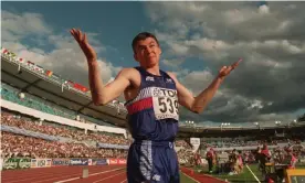  ??  ?? Jonathan Edwards is stunned by his exploits at the 1995 World Athletics Championsh­ips in Gothenburg. Photograph: Mike Powell/Getty Images