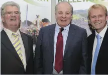  ??  ?? BELOW: Jim Corcoran, Chairman Bellewstow­n Racecourse, Gavan Duffy and Peter Dolan, Manager Scotch Hall Shopping Centre at the races launch.