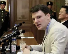  ?? AP PHOTO/KIM KWANG HYON ?? In this Feb. 29, 2016, file photo, American student Otto Warmbier speaks as he is presented to reporters in Pyongyang, North Korea.