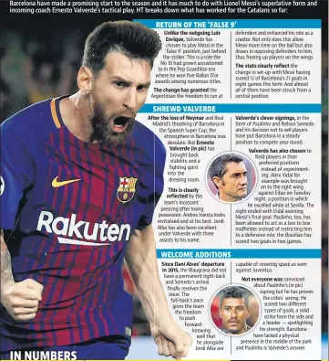  ??  ?? A STUNNING START Barcelona have made a promising start to the season and it has much to do with Lionel Messi’s superlativ­e form and incoming coach Ernesto Valverde’s tactical play. HT breaks down what has worked for the Catalans so far: