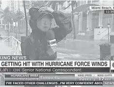  ?? CNN VIA AP ?? CNN senior national correspond­ent Kyung Lah reporting on Hurricane Irma in Miami Beach on Sunday.