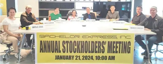  ?? PHOTOGRAPH COURTESY OF BEI ?? SHOWN during the 21 January 2024 annual stockholde­rs’ meeting of Bachelor Express Inc. are the re-elected company officers and directors (from left) Anita G. Chua, Danny O. Lorenton, Ginnette Yanson Dumancas, Olivia V. Yanson, Leo Rey Yanson, Arvin John Villaruel, Daniel Nicolas Golez and Hernan Omecillo.