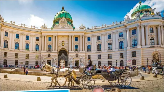  ??  ?? YOUR CARRIAGE AWAITS: See the sights of Vienna such as the Hofburg, above, in traditiona­l style and visit historic Budapest, left