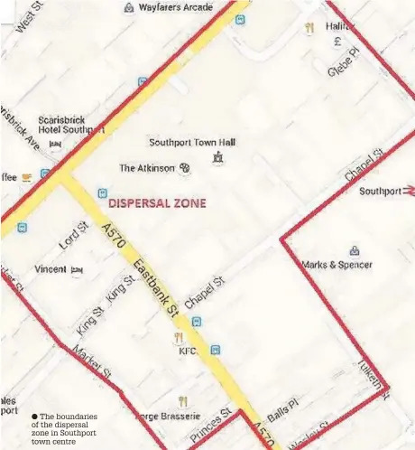  ??  ?? The boundaries of the dispersal zone in Southport town centre