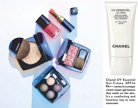  ??  ?? Energies et Puretés de Chanel makeup collection is inspired by theater and K-Pop makeup, available at Chanel counters in Rustan’s. Chanel UV Essentiel Ge l - Cr ème SPF5 0 PA+++ comes in a unique cream-meets-gel texture that melts on the skin. It’s a...
