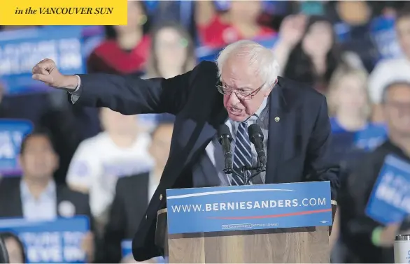  ?? SCOTT OLSON / GETTY IMAGES ?? Vermont Sen. Bernie Sanders is showing no signs of engaging in party unity, despite Hillary Clinton surpassing the threshold to become the Democratic presidenti­al nominee.