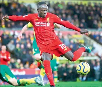  ?? — LIVERPOOL ?? Liverpool’s Sadio Mane in action during his side’s English Premier League match against Norwich City at the Carrow Road Stadium in Norwich, England, on Saturday. Liverpool won 1-0.