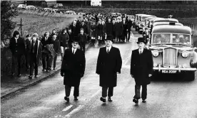  ?? Photograph: Trinity Mirror/Mirrorpix/Alamy ?? The funeral of Peter Easton, Douglas Morrison and Bryan Todd, three teenagers from Markinch who died at Ibrox in 1971.