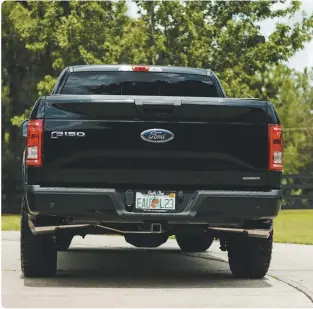  ??  ?? 13 The split dual exhaust design looks clean and cool when it’s complete. This kit is designed for
•’09-’14 F-150 V-8 4.6L, 5.0L, 5.4L and 3.5L Ecoboost 2WD/4WD
•’15-’20 F-150 V-8 5.0L V6 3.5L and 2.7L/3.5L Ecoboost gas 2WD/4WD