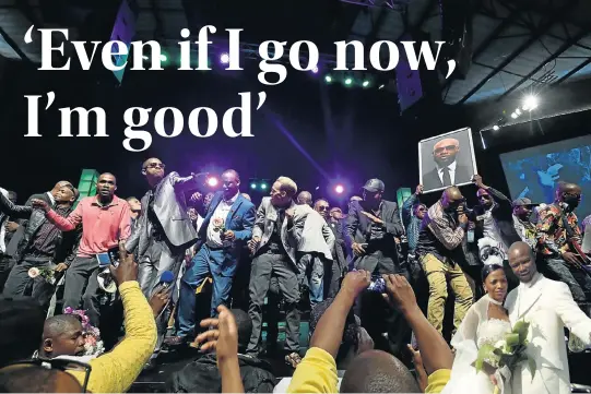  ?? Picture: GCIS ?? SONG SALUTE: Kwaito artists pay tribute in song and dance at the funeral service of Mandoza at Grace Bible Church in Soweto
