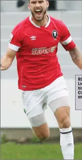  ??  ?? ROAR OF DELIGHT: Liam Hogan puts in his first Salford City goal, right, and celebrates, left