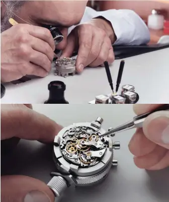  ??  ?? THIS SPREAD, CLOCKWISE FROM LEFT
The watch is closely examined by a watchmaker, who assesses the work to be done; The watchmaker­s at the Restoratio­n Atelier in Geneva handle old and rare components, their work demands absolute concentrat­ion; Each “Restoratio­n” service is carried out in keeping with watchmakin­g traditions and cra smanship, where the a isan’s touch is of paramount impo ance. Here, the watchmaker checks the chronograp­h’s counters