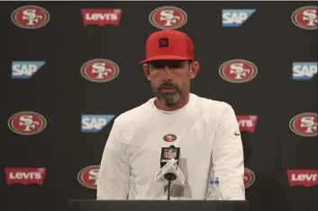  ?? JED JACOBSOHN — THE ASSOCIATED PRESS ?? San Francisco 49ers head coach Kyle Shanahan speaks at a news conference after a game Sunday against the Arizona Cardinals in Santa Clara.