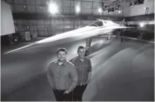  ??  ?? Boom Technology co-founders Blake Scholl, left, and Joe Wilding stand by a new model of XB-1, or “Baby Boom,” at Centennial Airport in November. Helen H. Richardson, The Denver Post