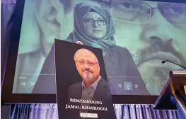  ?? — AP ?? A video image of Hatice Cengiz, fiancee of slain Saudi journalist Jamal Khashoggi, is played during an event in Washington to remember Khashoggi, a columnist for the Washington Post who was killed inside the Saudi Consulate in Istanbul on Oct. 2.