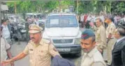  ?? PTI ?? Police vehicles carrying the five persons arrested on Wednesday in Pune on Thursday.